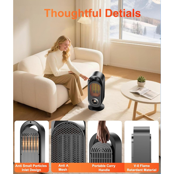 Електричний обігрівач, портативний обігрівач для кімнати, енергозберігаючий 1500W, керамічний з термостатом, таймером та 3 режимами, захист від перегріву та перекидання для офісу та спальні