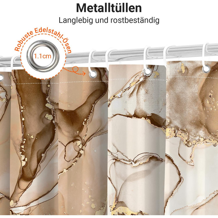 Штора для душу 180x200 см, коричневий мармур, поліестер, з утяжеленим краєм, антигрибкова, водовідштовхувальна, з кільцями (1 шт)
