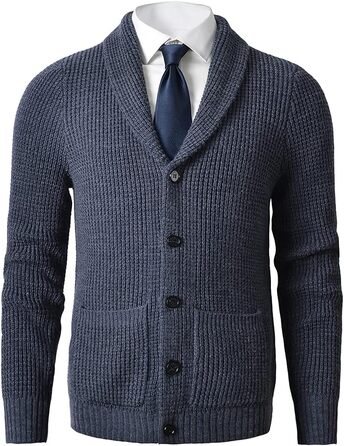 Чоловічий в'язаний светр з коміром-шарфом, візерунок коси, ґудзикова застібка, мериносова вовна, сучасний класичний стиль (S, темно-синій)