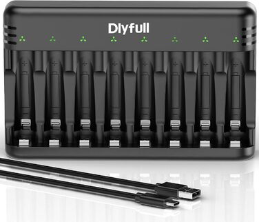 Зарядний пристрій Dlyfull для акумуляторів AAA/AA, 8-канальний зарядний пристрій з LED-дисплеєм, 5V/2A USB-C, для NI-MH/NI-CD, чорний