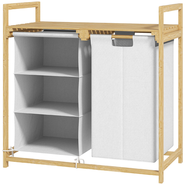 HOMCOM Laundry Basket with 4 Compartments, Laundry Sorter with 2 Removable and Washable Non-Woven Fabric Laundry Bags, Storage 83L Laundry Box with Handle, Laundry Sorter 70 x 36 x 70 cm Bamboo White | Aosom