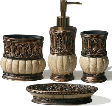 Набір аксесуарів для ванної кімнати Pumkins, ретро-стиль (4 шт.): чашка, тримач для зубних щіток, мильниця, дозатор мила. Декор для дому та робочої поверхні, туалетного столика, подарунок на новосілля. Колір: коричневий