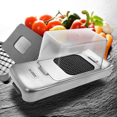 Подрібнювач для овочів Alligator 3094 з нержавіючої сталі - 3 насадки (3x3, 6x6, 12x12 мм) - з контейнером, BPA-free