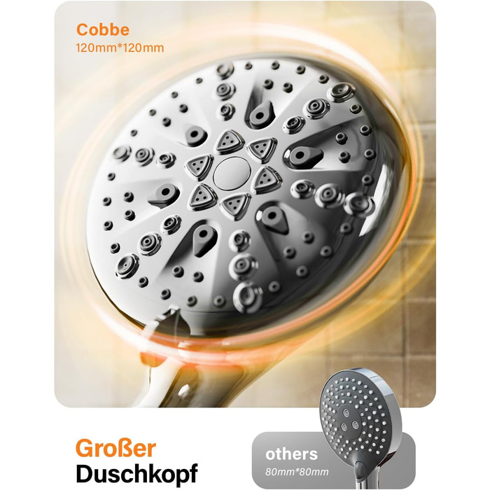 Cobbe Shower Head - Water-saving, pressure-boosting with stop function, handheld shower with 7+2 spray patterns, shower head with strong jet for cleaning bathtub made of ABS, Chrome