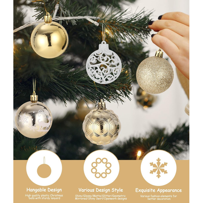 121 шт. прикрас для ялинки золотого та білого кольору, набір, пластик, зірка на верхівку, декор для ялинки, Новий рік, свята