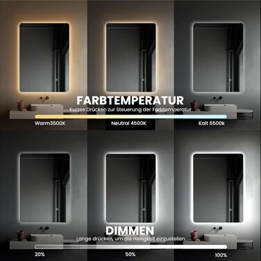 Дзеркало для ванної кімнати LED 50x70 см з підсвічуванням, сенсорне керування, регулювання яскравості, 3 кольори світла, без рамки