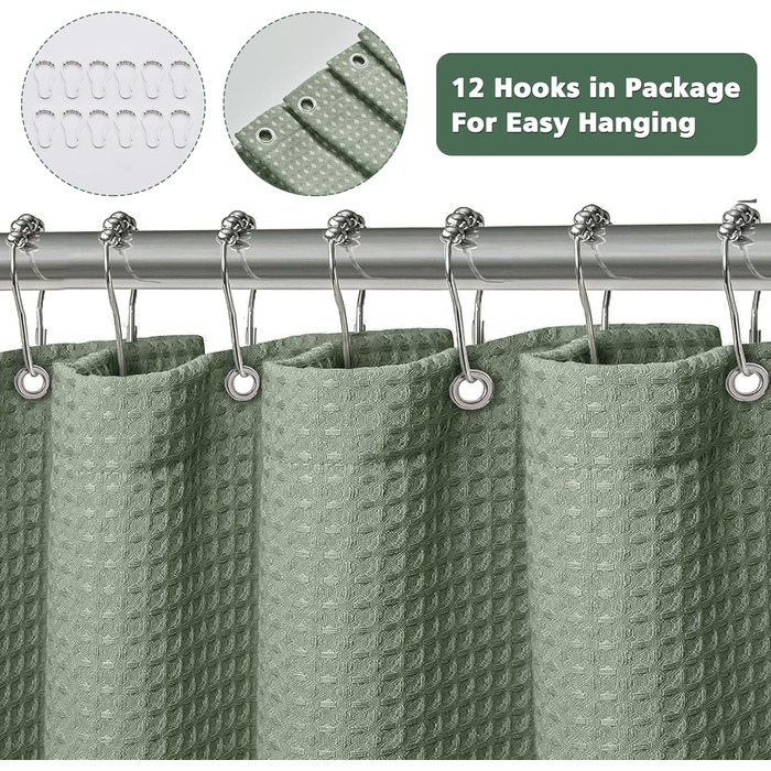 Штора для душу текстильна водонепроникна з поліестеру, 180x200 см, зелена, з кільцями (1 шт)
