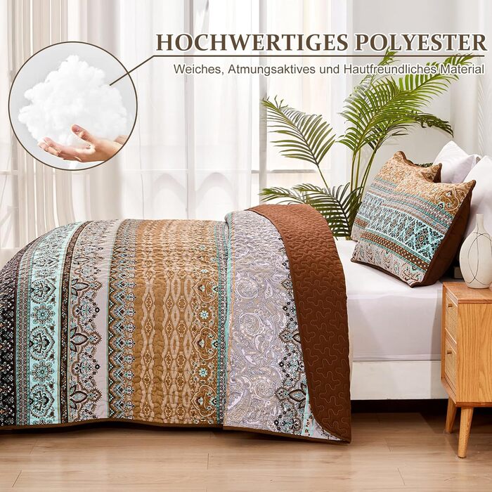 WONGS BEDDING Quilt Cover 220x240 Bedspread Bohemian Throw Blanket Stepped Quilt 3-Piece Double Bed Quilted Blanket Microfiber Living Blanket with 2 Pillowcases 50x70 for Bedroom as Sofa Cover (Bohemian) (220x240 cm, Brown)
