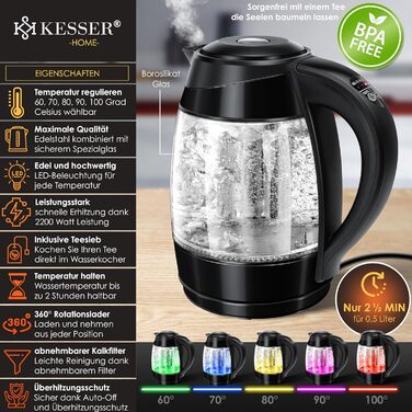 Електричний чайник KESSER 1,8 л зі сталі та скла з LED підсвічуванням, зміною кольору за температурою (60–100°C), ситечком для чаю, фільтром від накипу, функцією підтримки тепла, чорний