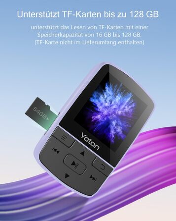 MP3-плеєр YOTON з Bluetooth 5.2, Hi-Fi звук, FM-радіо, диктофон, регулятор гучності, навушники, підтримка SD до 128 ГБ, фіолетовий