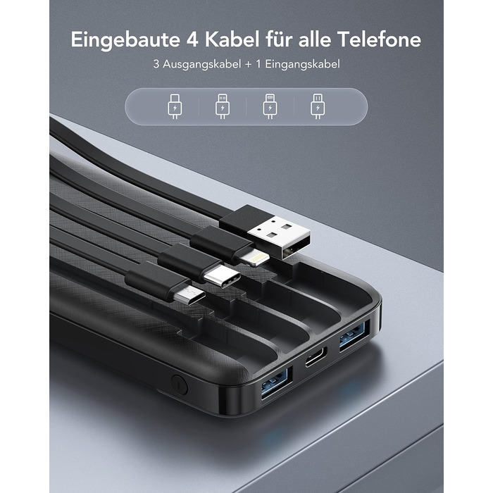 Power Bank Charmast 10000mAh з 6 виходами, USB-C, LED-дисплеєм, 4 кабелями, чорний