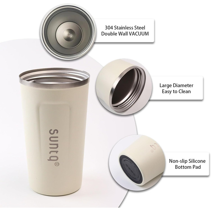 Термокружка з нержавіючої сталі SUNTQ - 510 мл, з подвійними стінками, ізольована, з кришкою, багаторазова (чорна)