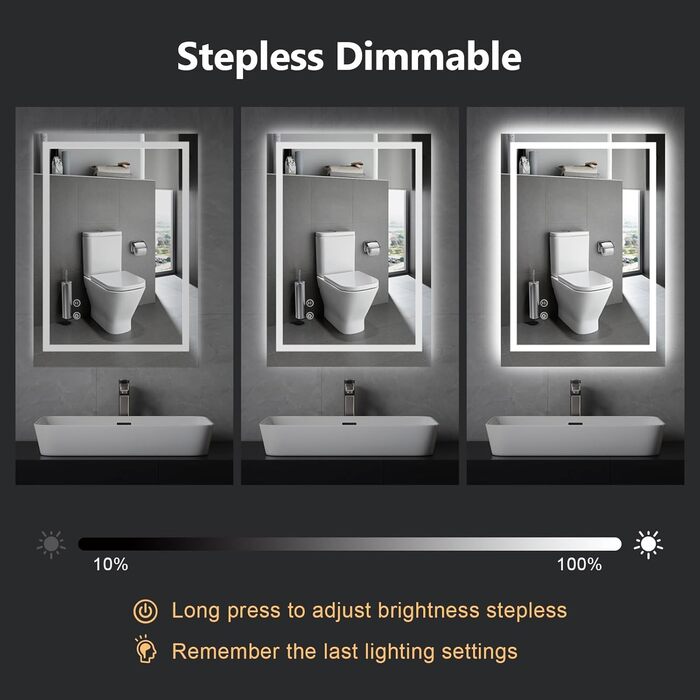Дзеркало з підсвічуванням 70x50 см для ванної кімнати, сенсорне керування, антизапар, 3 кольори світла, регулювання яскравості