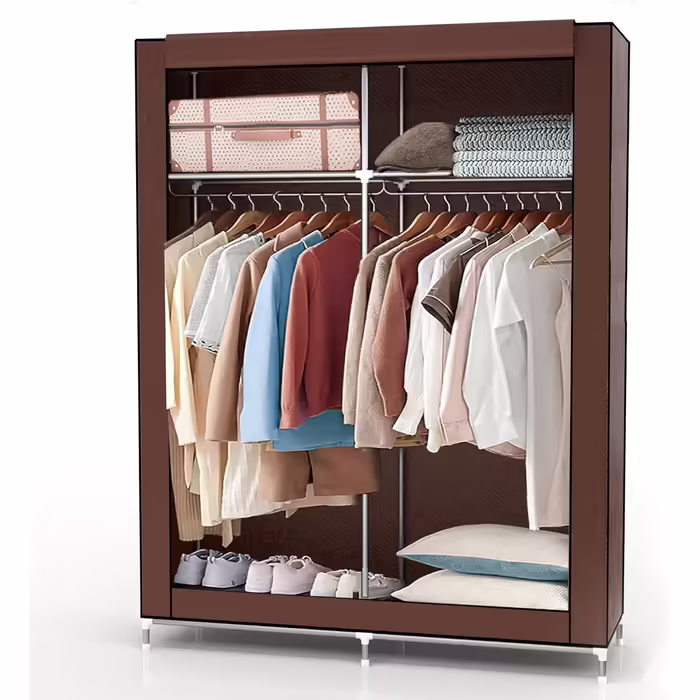 Folding Wardrobe 108x45x170 cm in GRAY - Fabric wardrobe with zipper and clothes rail, side pocket and compartments - shelf, metal frame, storage (Beaver Brown)