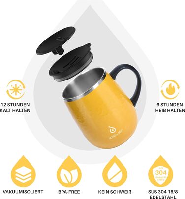 Кружка для кави та чаю Ideus 470 мл з подвійними стінками, з нержавіючої сталі, з нековзким ручним тримачем та кришкою-ковзаючою панеллю, великий об'єм (Трав'яний зелений) (Леопардовий жовтий)