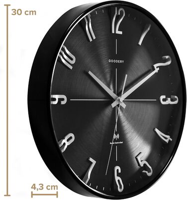 GOODERY Wall Clock Ø 30 cm Silent 3D | Large, Modern, Analog Wall Clock without Loud Tick Sounds, Virtually Silent | Decoration for Every Wall | Clock, Radio Controlled | Radio Controlled Clock (Black/Silver)
