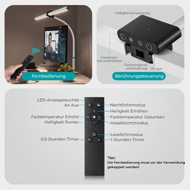LED лампа для столу Doppelkopf з регулюванням яскравості 24W, 80 см, для офісу та дому, з кліпсою, захист очей, денне світло, з пультом керування, 5 кольорів, 5 рівнів яскравості, офісна лампа