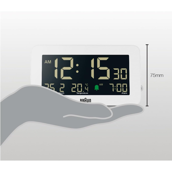 Braun Digital Alarm Clock with Date, Month, and Temperature Display, Negative LCD Display, Quick Set Function, and Gradual Alarm Sound in White, Model BC10W.