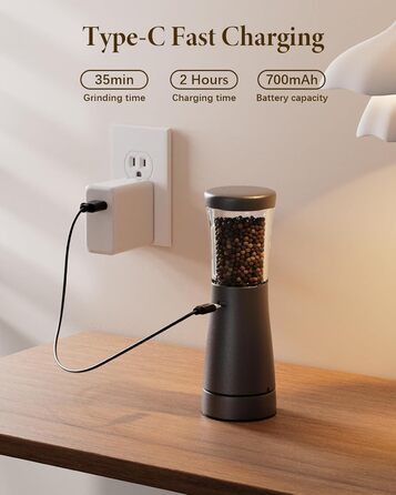 Salt and Pepper Grinder Electric 2-Piece Set with USB Rechargeable, Improved 4.5oz Large Capacity Spice Grinder Electric, Adjustable Coarseness with LED Light, Ideal for the Kitchen (Black/White)