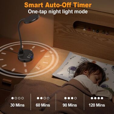 LED лампа для столу 15W з USB-A та USB-C – диммування, 3 колірні температури, 5 рівнів яскравості, 4 таймери, гнусий 360° «лебединий» шийка, захист для очей, настільна лампа для офісу та спальні (Чорний, 4,7 дюйми)
