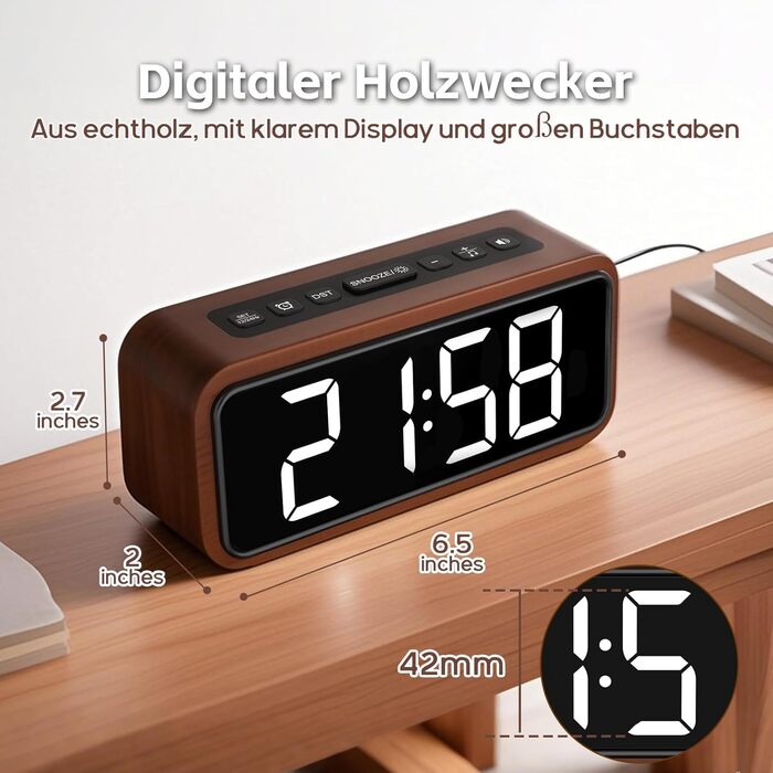 Loud Alarm Clock for Deep Sleepers, Wood Alarm Clock with LED Display, 12 Alarm Ringtone Options, 5 Adjustable Brightness Levels, 5 Volume Levels, Manual DST, Brown Retro Alarm Clock for Bedroom