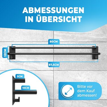 Тримач для рушників без свердління, нержавіюча сталь, чорний - з двома гачками, 80 см, для ванної кімнати, душової кабіни, кухні