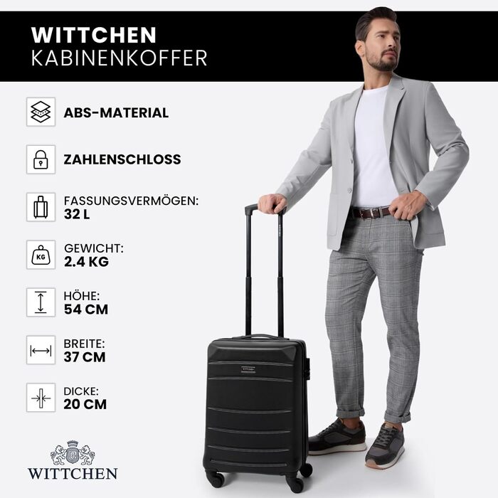 WITTCHEN Globe Line: Чемодан-ролер ручної поклажі з ABS, 4 колеса, кодовий замок, телескопічна ручка, чорний | Розмір S | Підходить для Lufthansa, Eurowings, Ryanair, Condor, Discover Airlines
