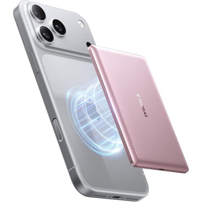 Powerbank TORRAS MiniMag Ultra Slim для iPhone 17 Pro Max: 5000mAh, MagSafe, USB-C, бездротова зарядка, сірий титан/рожевий