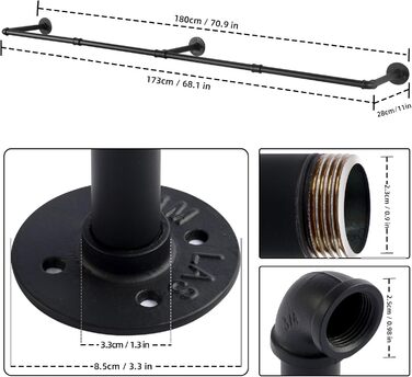 Yawinhe Industrial Pipe Clothes Rails, 180cm Clothes Rack for Wall, Space-Saving Wall Shelf Kitchen Shelf with 3 Bases, for Business, Black, 1-Pack, YMG004