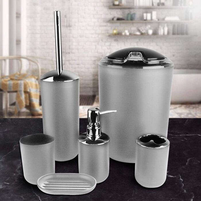 Комплект аксесуарів для ванної кімнати на 6 предметів: дозатор для мила, мильниця, тримач для зубних щіток, стакан для ополіскування, тримач для унітазу, сміттєвий бак (сірий)