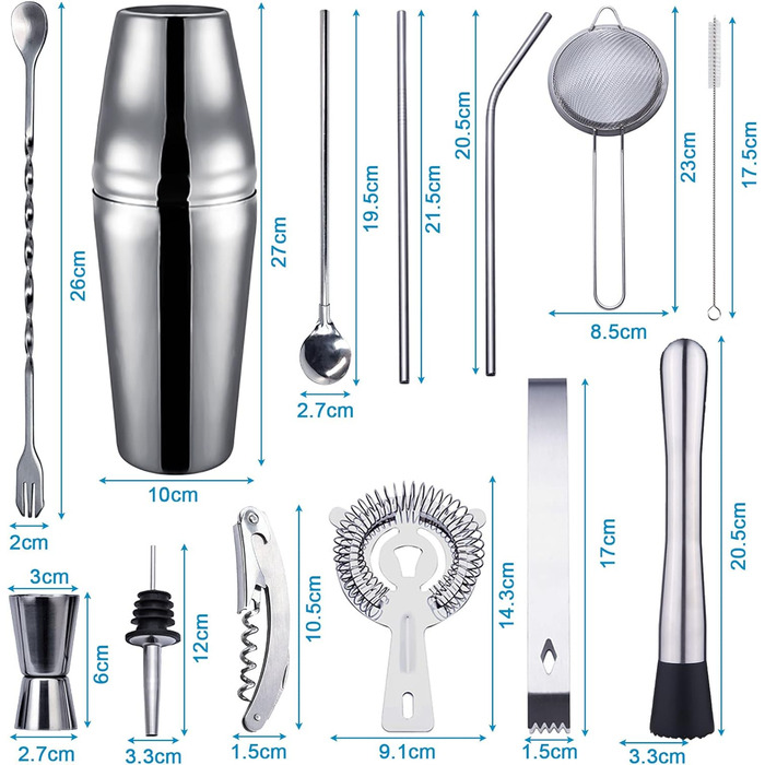 Набір шейкер для коктейлів, нержавіюча сталь, 20 предметів. Професійний набір для приготування коктейлів, 750 мл. Ідеальний подарунок для барменів та любителів коктейлів. Набір для домашнього бару та вечірок.