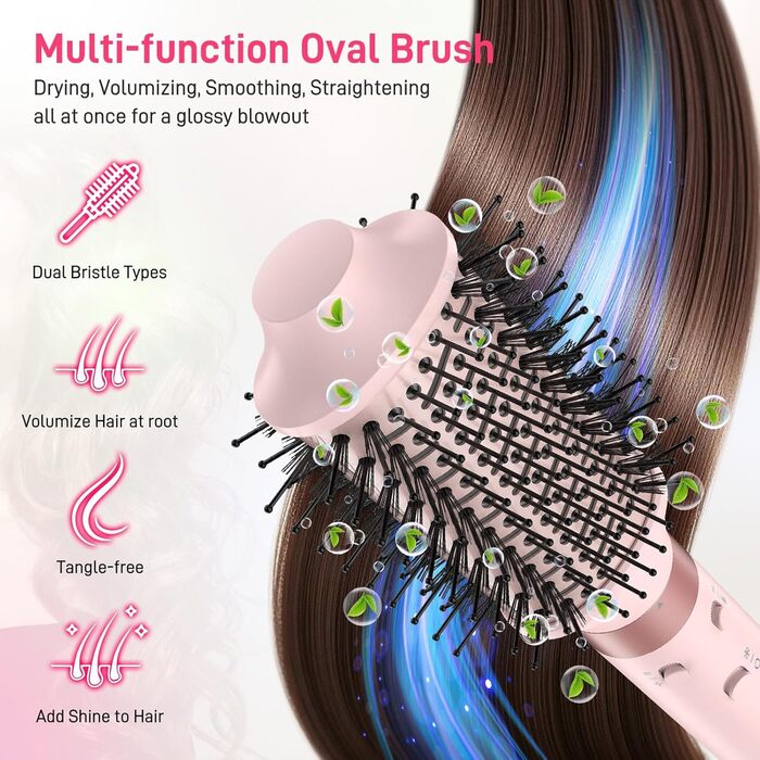 Фен-стайлер 5-в-1 для волосся з іонізацією, набір з насадками, швидка сушка, локони, випрямлення, об'єм, без пошкодження волосся, 100–240V, з сумкою, рожевий