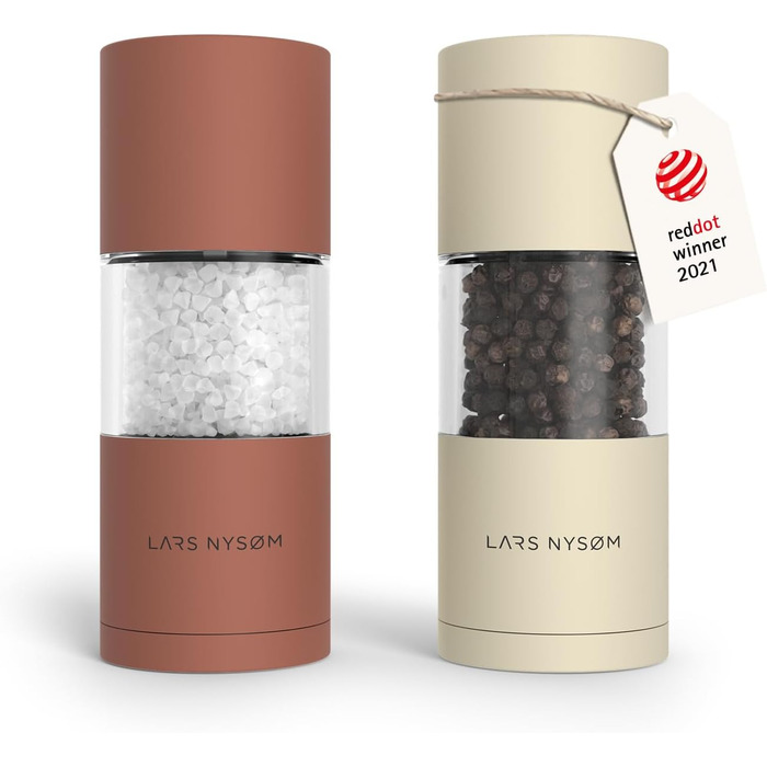 Набір для солі та перцю Lars Nysøm з нержавіючої сталі з регульованою керамічною жорною | 2 шт. | Червоний цегла/Мигдальний беж