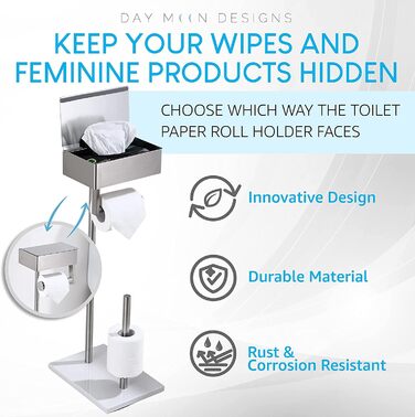 Day Moon™ Standing Toilet Paper Holder, Wet Tissue Box - Toilet Paper Holder with Wet Wipe Box, Toilet Paper Holder with Shelf - Stainless Steel Toilet Paper Holder Brushed Nickel Free Standing