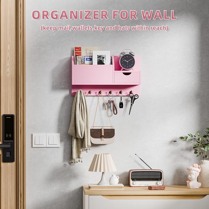 Настінна органайзер для ключів з 6 гачками та шухлядою, дерев'яний, для дому, офісу, прихожої (білий, рожевий)