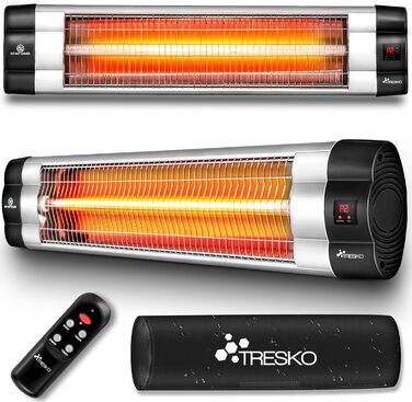 Інфрачервовий обігрівач TRESKO 2500W з пультом дистанційного керування | Тепловий струмінь для тераси, електричний, 3 режими | Тепловий струмінь для тераси, внутрішній та зовнішній | Настінний інфрачервовий обігрівач з LED-дисплеєм, кварцовий (срібний)