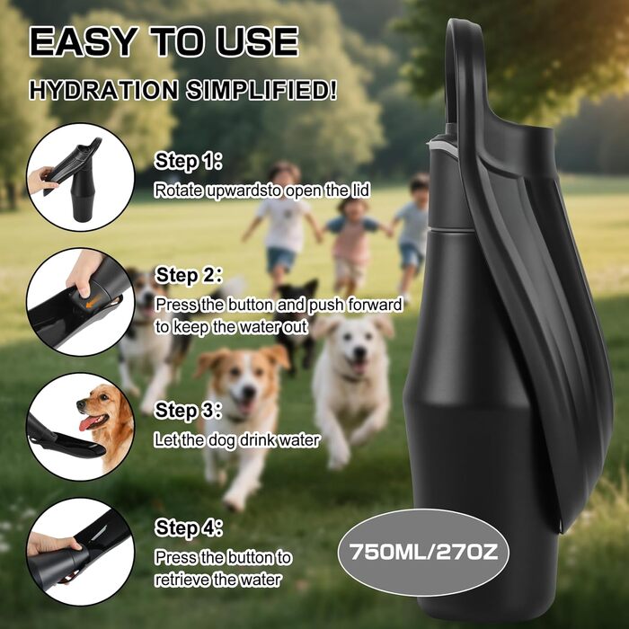 Водяна пляшка для собак на прогулянці - не протікає, з нержавіючої сталі, подвійні стінки, вакуумна ізоляція, 750 мл, чорна