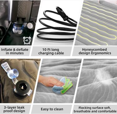 Automatic Inflatable Air Mattress for SUV - Flocked Surface, 2-Pillow Air Bed for Car Trunk, Travel, Camping & Home Use (Light Gray, 185x140x16 cm)