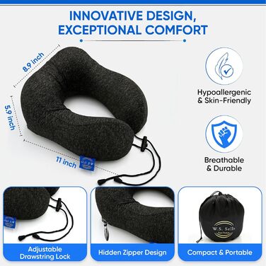 Подушка для шиї W. S. Sells з Memory Foam, комплект для подорожей (маска для сну, навушники, чохол), чорна