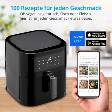 MEDION E40 XL Фритюрниця з гарячим повітрям (5.2 л, Airfryer, 2150 Вт, 9 автоматичних програм, функція випікання, без олії, сенсорне керування, LED дисплей, MD 11740) чорна