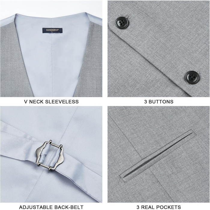 Жилет чоловічий HISDERN формальний елегантний, бавовна, однотонний V-подібний виріз з кишенями, для весілля, вечірки, бізнесу, сірий, XL