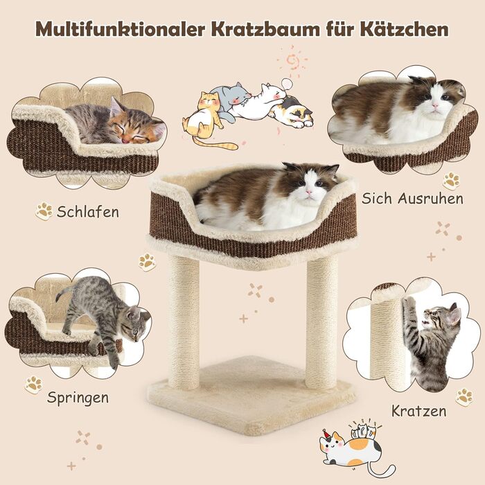 COSTWAY Cat Tree Small, Cat Tree with Large Plush Seat, Wooden Cat Scratching Post, Cat Furniture Climbing Tree, Activity Tree Play Tree, Natural Sisal Tower with Scratching Posts (Beige)