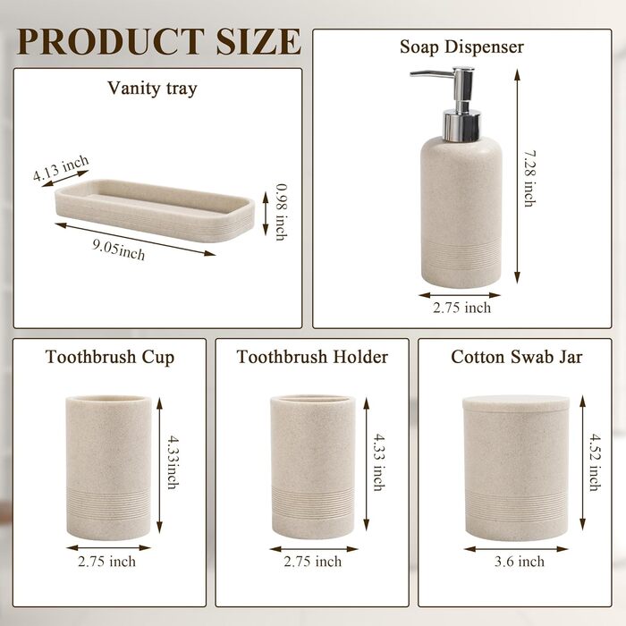 Набір аксесуарів для ванної кімнати YMXYJM, 6 предметів: тримач для зубних щіток, дозатор мила, стакан, органайзер для бавовняних паличок, бежевий колір. Організація ванної кімнати в сучасному стилі.