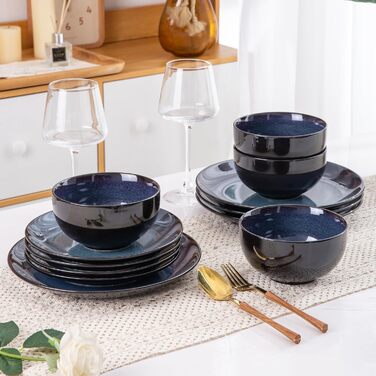 Набір посуду LeRatio на 8 осіб: 24 предмести, кераміка, реактивна глазур, блакитний, для посудомийної машини та мікрохвильовки