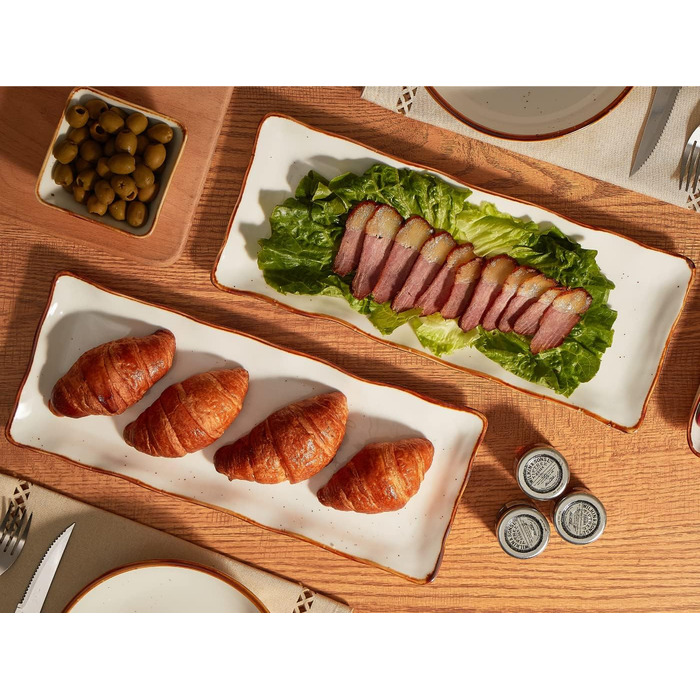 ONEMORE Porcelain Serving Platter Set - Rectangular 2-Piece Set, 38 cm Serving Tray, Long Serving Plates, Small Dinner Plates for Dessert, Cake, Sushi, Salad, Antipasti