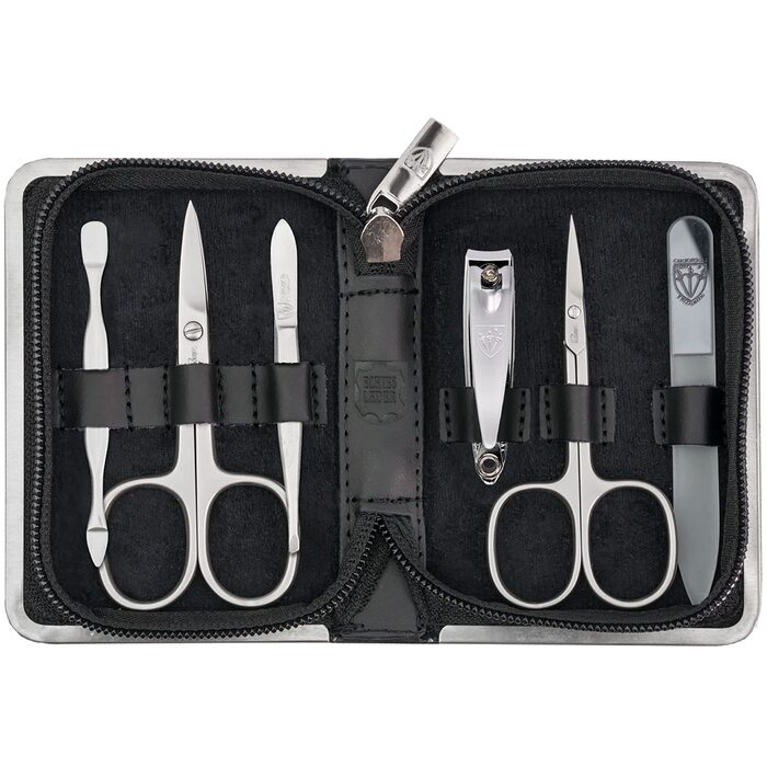 Набір для манікюру та педикюру DREI SCHWERTER 'Ferrara' 6 предметів, німецька якість, чорна шкіра | Манікюрний набір, шкіряний чохол, 6 предметів: ножиці для нігтів, ножиці для кутикули, кусачки, скляна пилка, засіб для очищення нігтів, пінцет