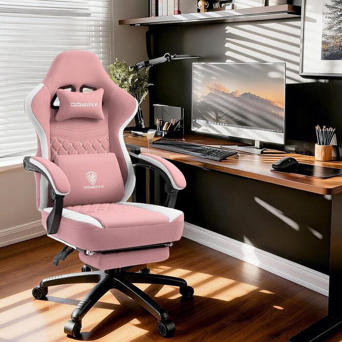 Ігровий крісло Dowinx з тканини, масажний крісло з підніжкою, ергономічне, для PC, геймінгу, офісу, 150 кг, рожево-білий