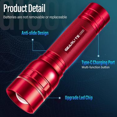 LED ліхтарик Gearlite: надпотужний, перезаряджається, 1000 люмен, 3 режими, Zoom, IP65, для кемпінгу та активного відпочинку