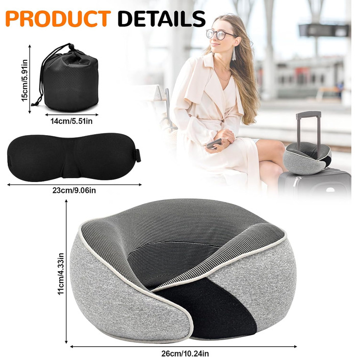 Подушка для шиї у літак, подушка для подорожей Memory Foam 360° підтримка, подушка-вичку для дорослих з берушами, маскою для очей та сумкою. Регульована компактна подушка для подорожей літаком, автомобілем, поїздом
