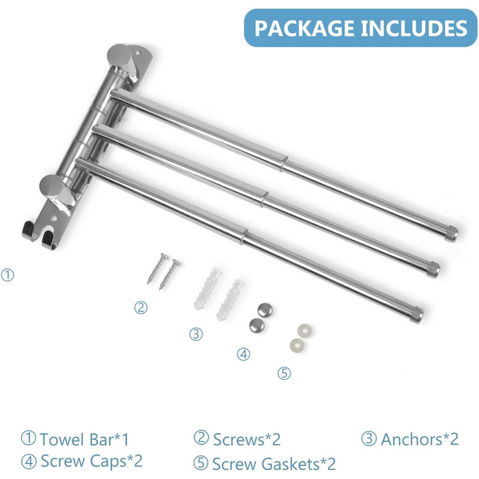 Тримач для рушників JSVER поворотний на 180°, з нержавіючої сталі 304, 3 висувні ручки до 50 см, для кухні, ванної кімнати, гардеробу, сріблястого кольору